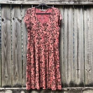 Peruvian Connection Floral Midi Dress Size L Pima Cotton Modal Mauve